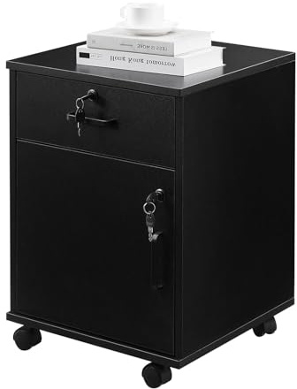 CLIPOP Rollcontainer Abschließbare mit Schublade und Geschlossenem Speicher,Mobile Aktenschrank Holz Unter Schreibtisch Schrank,40 x 40 x 54,5 cm,Schwarz
