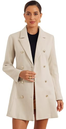 Allegra K Manteau D'Hiver Pour Femmes Caban Mi-Long Chaud à Double Boutonnage Manteaux à Revers Cranté Trench-Coat Classique Beige L