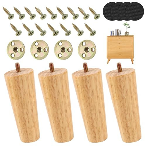 4 Piezas Patas de Muebles de Madera Roble, Patas de Repuesto para Sofá, Patas de Madera para Muebles, con Tornillos, para Sofá, Banco, Mesa de Té, Silla, Escritorio, Armario, Otomana (12cm)