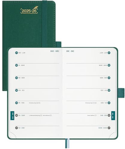 BEZEND Taschenkalender 2026 klein (Juli 25-Dez 26), Kalender 25/26 Wochenplaner A6 1 Woche 2 Seiten, Terminplaner 25/26 Hardcover, Waldgrün