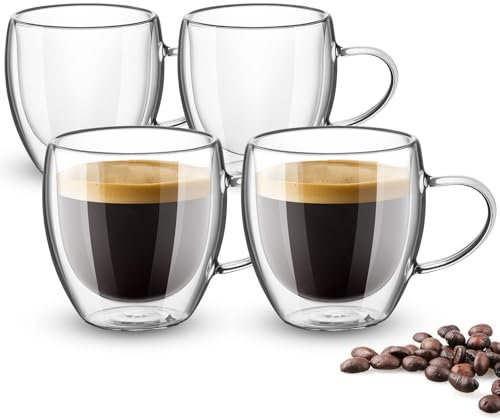 Esilihom Tazas de café Expresso de vidrio de doble pared, tazas de café de 80 ml con asa, vasos transparentes resistentes al calor para té, paquete de 4