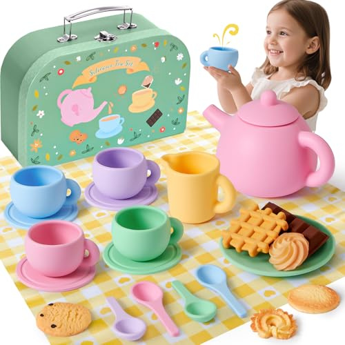 G.C 22 Pezzi Set Da Tè per Bambini in Silicone con Tazze & Piatti & Dessert & Scatola Portatile, Accessori Cucina Bambini Set da Te Gioco di Ruolo Giocattoli Regalo Bambina 3 4 5 6 Anni