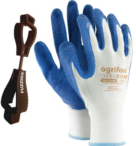 FUZZIO Lot de 12 paires de gants de travail pour homme - Taille 8 blancs - Gants de jardinage - Gant de montage pour homme - Revêtement en latex avec clip