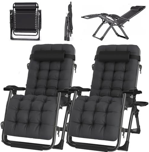 ONKBOITE 2er Set Sonnenliege klappbar Liegestuhl Gartenliege Keine Installation, mit Getränkehalter, Relaxliege mit Kissen, atmungsaktiv, für innen Gartenstuhl Campingstühle(Schwarz, 72cm)