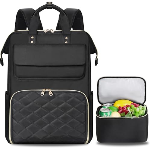 BERTASCHE Zaino per il pranzo e laptop, da donna, 15,6 pollici, con borsa termica isolata, zaino da lavoro 2 in 1, per donne, lavoro, viaggi, insegnanti, scuola, università, colore nero
