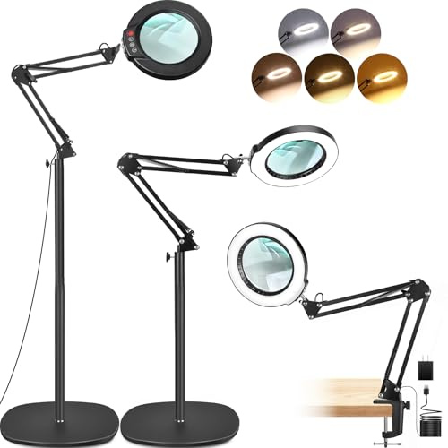 LANCOSC 10X Magnifying Glass with Light and Stand, Real Glass Lens, 5 Color Modes Dimmable, 3-in-1 Adjustable Swing Floor Lamp, LED Lighted Hands Free Magnifier & Clamp for Reading, Crafts, Painting