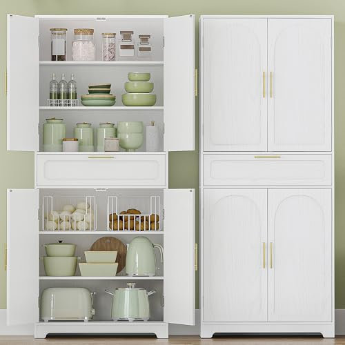 Hzuaneri Küchenschrank, Hochschrank mit 4 Türen, Sideboard mit 1 großen Schublade, Buffetschrank, Esszimmerschrank, Verstellbaren Ablagen, für Esszimmer, Küche, Wohnzimmer, Weiß PT18103X