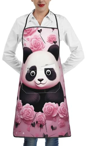 LHDGBWC Tablier de chef imperméable pour homme et femme - Tablier de chef réglable avec poches - Motif panda rose - Tablier de cuisine pour cuisine, barbecue, nettoyage