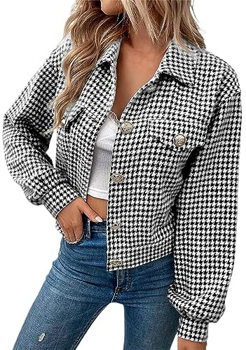 Manteau élégant pour femme - Veste pied-de-poule - Trench court d'hiver avec boutons et poches - Manteau à revers - Veste de transition décontractée - Veste de loisirs - Veste douillette
