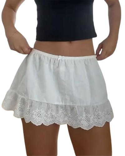 Lace Trim Shirt Extender for Women Y2k Low Rise Underskirt Elastic Waist Half Slip Mini Skirts (White, S)