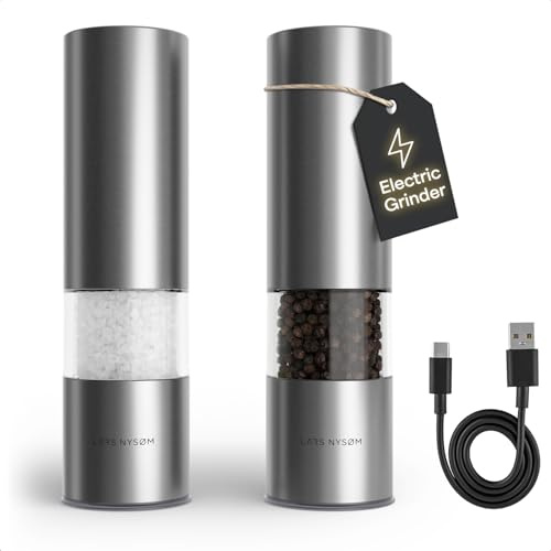 LARS NYSØM Macina Sale e Pepe Elettrica | Set di Macinapepe Automatici in Acciaio Inox con Macinino in Ceramica Regolabile | Set Macinaspezie Ricaricabili USB con Luce LED (Stainless Steel)