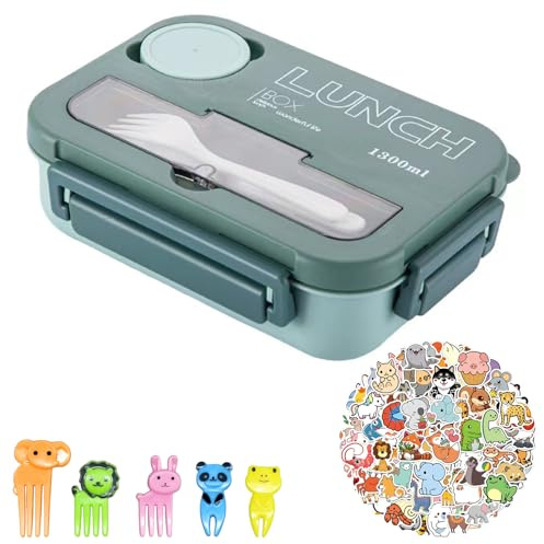 Rieoany Fiambrera Infantil Lunch Box Kids con 4 Compartimentos Antifugas, Incluye Tenedores y Pegatinas, Fiambrera Termica Infantil Segura para Microondas (Verde Gris)
