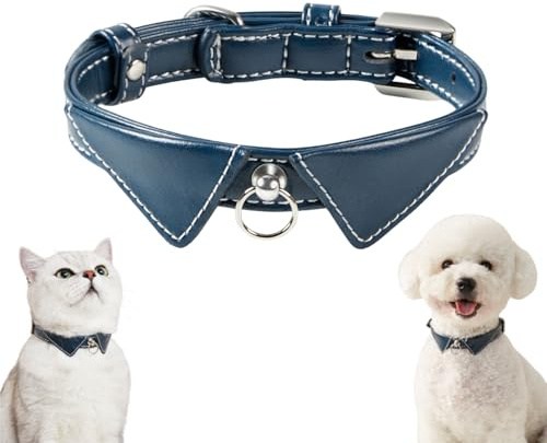 Collare Elegante in Pelle per Gatti e Cani Piccoli, Design Raffinato a Colletto di Camicia con Anello Decorativo, Moda e Comfort per Animaletti, Regolabile, Blu (S 27-37cm)