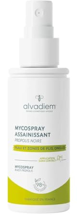 ALVADIEM Mycospray Purificante 50 ml con Própolis Negra – Spray Pies y Uñas, Antifúngico y Calmante – Pie de Atleta, Irritaciones – Aplicación sin Contacto – Producto en Francia