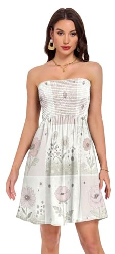 FRODOTGV Axelbandslös bandeau-klänning böjd fåll design matchar helt tryckt klänning enkel skötsel tvättbar mjuk modal liknande tyg hem fritid outfit storlek liten, Blush Blooms, XL
