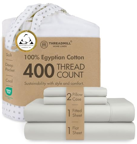 Threadmill Home Linen - Juego de ropa de cama en satén de 400 hilos, 100 % algodón, juego de ropa de cama de 4 piezas, sábanas lisas, tejido en satén, tamaño grande, color blanco