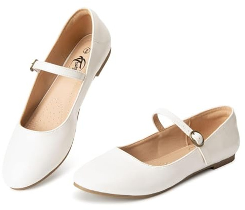 Trary Mary Jane Shoes, Womens Flats, Ballet Flats, Round Toe White Flats for Wedding, Dressy Casual Strap Flats