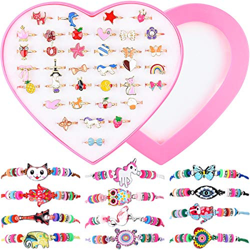Bague et Bracelet Fille, MEOWMEE 48 PCS Réglables Bagues pour Enfants et Bracelet Amitié Fille Bagues Petites Filles Enfant Bijoux Petites Filles Bijoux Enfants Cadeau de Fête