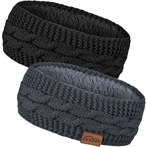 Winter Stirnband für Damen- Mädchen Gestrickte Haarreifen Verdicken Elastische Haarband Ohrenwärmer für Outdoor Sport, Einkaufen, Skifahren, Laufen, Joggen (Schwarz + Grau 1)