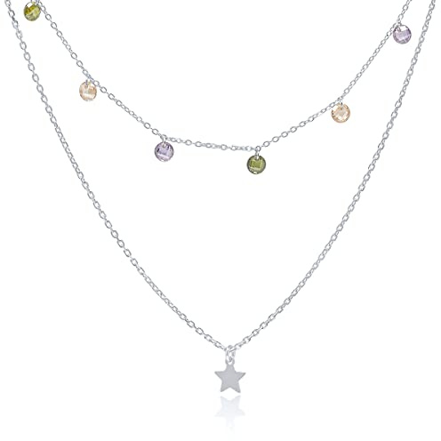 WANDA PLATA Gargantilla Collar Doble Estrella y Circonitas Plata de Ley, para Mujer Joven, Chica con Cadena Regulable en Caja de Regalo