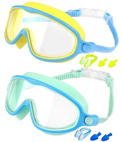 omiinitio Lot de 2 lunettes de natation étanches pour enfant avec bouchons d'oreille et clip pour le nez pour garçons, filles, adolescents, lunettes de natation en silicone pour l'éducation