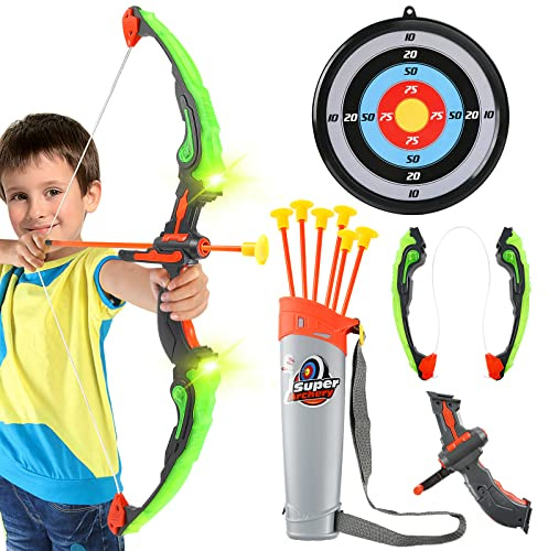 Teklemon Arco e Frecce per Bambini Giocattoli con Luci LED, Kit Tiro L'arco con 6 Ventose Frecce, Bersaglio con Faretra a Spalla Strappata Giocattoli di Tiro per Interni ed Esterni (Verde)