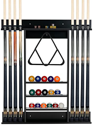 COSTWAY Billar Rack in Madera Maciz, Estante para Palos de Billar 8 Tacos, 15 Bolas de Billar, 1 Soporte para Bolas, Equipo de Billar Compacto para la Sala de Billar, Club, Bar (Negro)