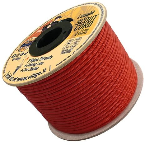 VILIGO Scout Cord Nylon fläta (3,8 mm) - bestående av 7 nylontrådar, 1 lina och 1 Jute String - Survival Rope för camping och utomhusaktiviteter (15 m, rubin)