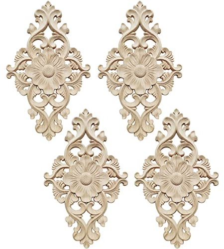 4 Stücke Holzornamente für Möbel, DBAILY Möbel Holzschnitzerei Applique Schnitzerei Ornament Applique Wandornamente Für Schnitzerei Randverzierung Schrank Wand Home Tür Bett Deko