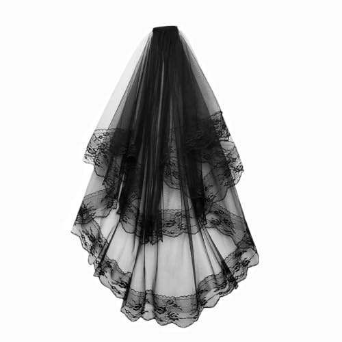 Clataly Velo de encaje negro de tul de 2 capas para vestido de novia, peinado para fiesta de Halloween, accesorio para la cabeza