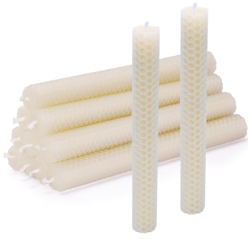 DEYBBY Handmade Beeswax Taper Candles, Dripless Wax Candles, Hand-Rolled Honeycomb Candles for Dinner Party, Set of 12 Flat Top（Cream White）