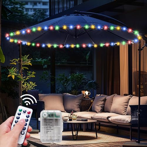 Patio Umbrella Lights Cordless LED Market Table Umbrella Lights with Remote Control Battery Operated Waterproof Parasol String Lights, Fits 6-9 Feet Diameter Outdoor Umbrella Décor (Multi-Colored)