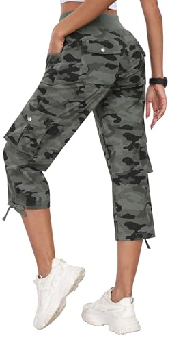 MoFiz Women Capri Pants 3/4 Cropped Trouser Hiking Cargo Pant Camo Green XL
