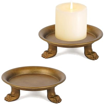 NIKKY HOME Gold Decorative Iron Plate Clawfoot Candle Holders Set of 2, Vintage Pillar Candlestick Stand Base Tray for LED & Wax Candles, Incense Cones, Spa, Weddings