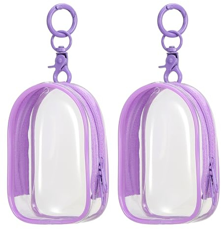 sourcing map 2 Pcs 3.94x2.36 Inch Clear Figure Display Bag with Keychain, PVC Portable Small Dolls Storage Bag, Zipper Closure Carrying Display Case Pouch for Collectibles (Cabin Purple)
