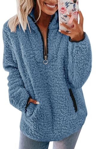 Nilimoph Womens Fleece Jumper Fluffy Pullover Teddy Fleece Sweatshirts Casual Top Fuzzy 1/4 Zip Up Long Sleeve Stand Collar Cozy Coat Tops with Pockets (Blue1, M)