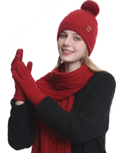 MAZELIKEHOOD Halsduk Set Hatt Handskar Kvinnor Vinter Varm Bobble Hatt med Stickad Halsduk Och Handskar Mjukt Och Bekvämt Tyg Mode Vintertillbehör Perfekt för Julklapp
