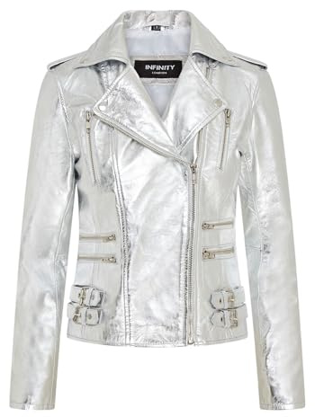 Chaqueta Motociclista Retro Plata Para Mujer, 100 % Piel Napa