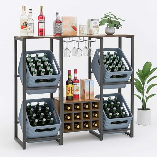 DanDiBo Drinks Crate Rack 4 Crates with Shelf Black Metal Wooden Shelf 96659 Drinks Rack Crate Rack Drinks Shelf Wine Rack with Glass Holder