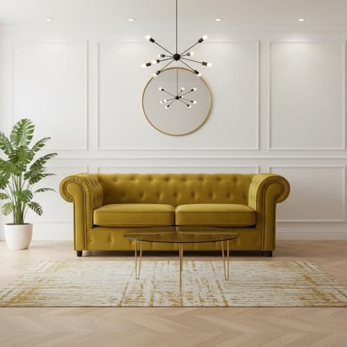 Ashbourne Plush Velvet Chesterfield Sofa | Diamond Button Tufted | Studded Scroll Arms | Available as 2 Seater, 3 Seater & 3+2 Set | Teal, Grey, Indigo & Turmeric (Tumeric, 3 Seater)