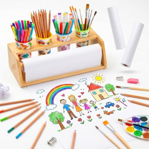 Dérouleur Relaxdays avec support, 3 rouleaux papier 5 m, naturel/blanc | Tableau de dessin avec porte-crayons, papier à dessin pour enfants