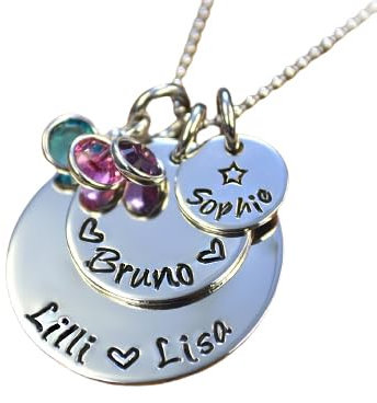 Namenskette mit Geburtsteinen, Familienkette mit Gravur, personalisierte Halskette mit Monatssteinen