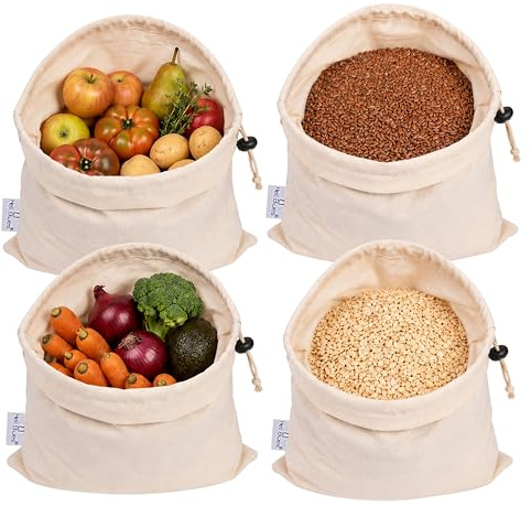 Food Grade Bulk Storage Bags 100% Organic Cotton- 4 Pack, XL Size Drawstring Closure - 16x19 inch Reusable, Washable, Muslin Produce Flour Sack Cloth Grains Bags