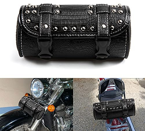APEBAZY Borsa universale per forcella per moto - Borsa per attrezzi da manubrio, mini borsa da sella in pelle di coccodrillo con rivetti per portapacchi posteriore Sissy Bar (nero)