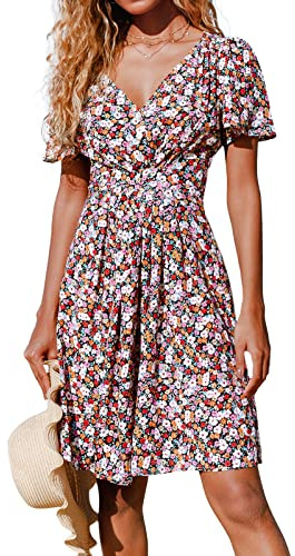 CUPSHE Femmes Été Robe Col en V Floral Manches Courtes Bouton Élégant Occasionnel Faire la fête Ligne A Mini-Robes