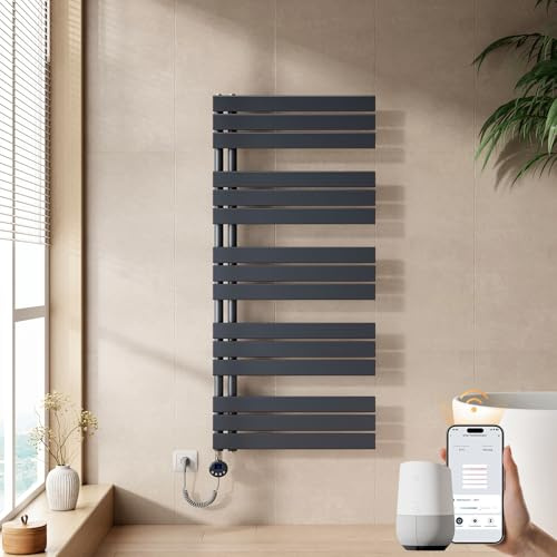 EMKE Seche Serviette Electrique 1320 x 600 mm, Porte-Serviettes Chauffant avec WiFi Thermostat, Chauffe Serviette Salle de Bain Anthracite 800 W,Sèche Serviette électrique