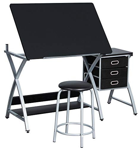 Yaheetech Zeichentisch-Set mit Kippbarer Tischplatte Höhenverstellbarer Schreibtisch Beistelltisch mit 3 Schubladen & 1 runden Hocker für Architekten/Künstler/Maler Schwarz