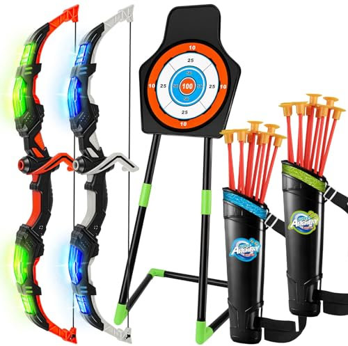 Own1one Bow and Arrow Set for Kids, Kids Archery Set with LED Lights, Suction Cup Arrows, Standing Target, Quivers, Outdoor Toys Gifts for 3 4 5 6 7 8 9-12 Years Old Boys Girls