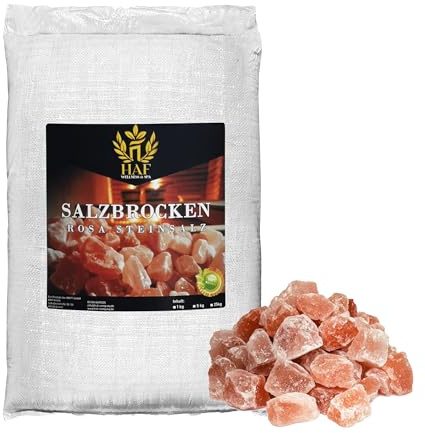 HAF® Rosa saltbitar 25 kg | Grova stensaltbitar utan tillsatser och naturliga ämnen från Saltrangen i Pakistan | saltstenar | Solekjolar | Storlek: 2–5 cm | Antal: 1 x 25 kg i påse