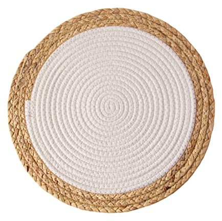 CIYODO Handmade Woven Dish Mat Heat-insulated Pot Pad Round 24cm White Straw Placemat Sturdy Cotton Cord Heat Proof Tableware Mat Suitable for Dining and Kitchen Use